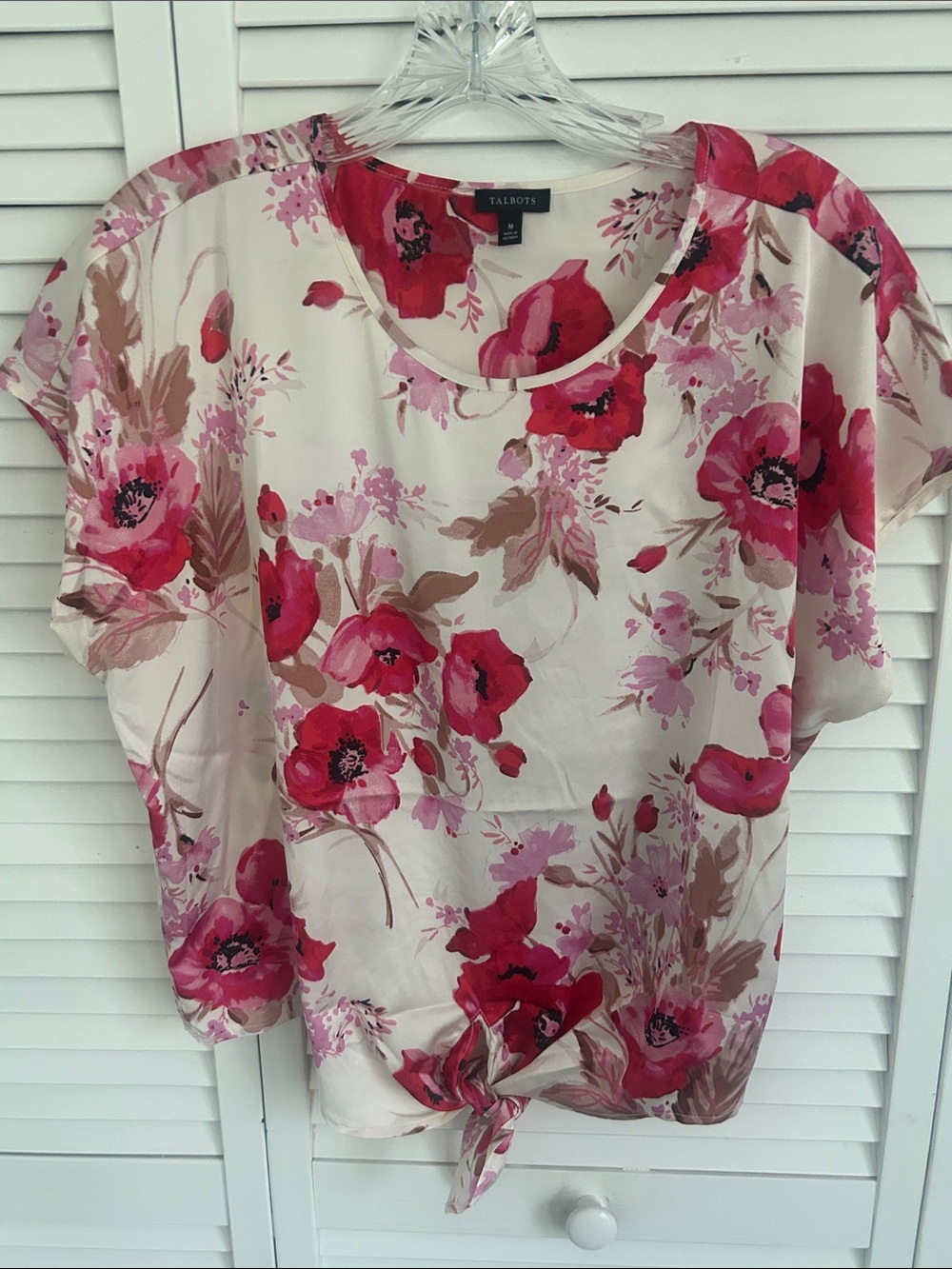 Talbots Cream Floral Short-Sleeve Top with Pink & Red Blossoms